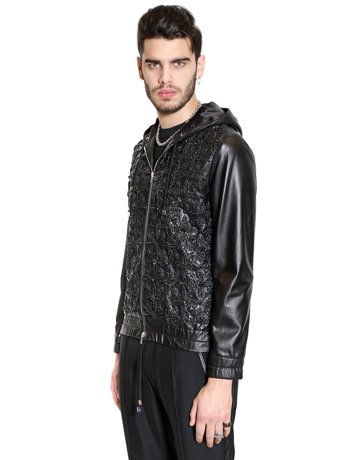 Lyst - John Richmond Embellished Hooded Leather Jacket in Black for Men