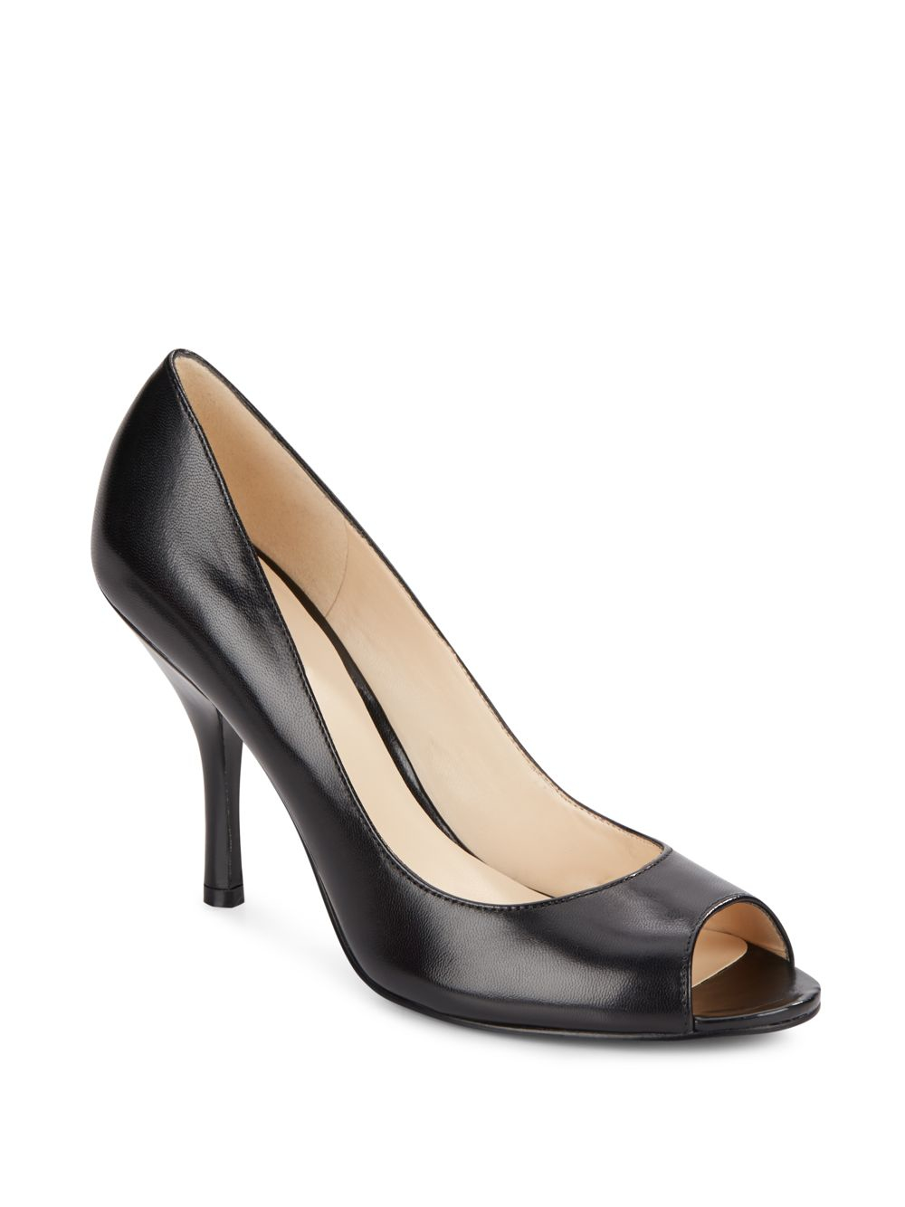 black leather peep toe block heels