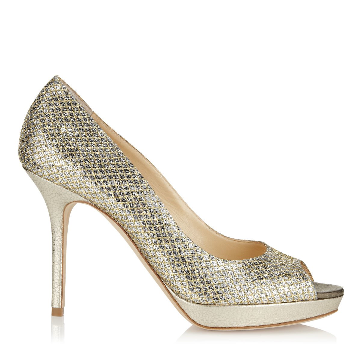 Jimmy choo Luna Champagne Glitter Fabric Platform Peep Toe Pumps in ...