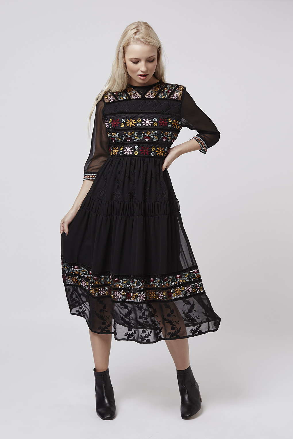 Lyst Topshop Embroidered Midi Dress In Black
