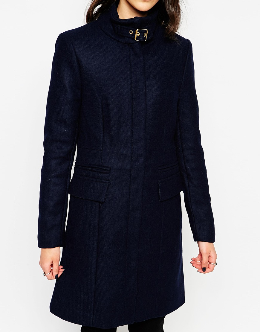 Lyst Vero Moda Long Lined High Neck Coat With Buckle Detail in Blue