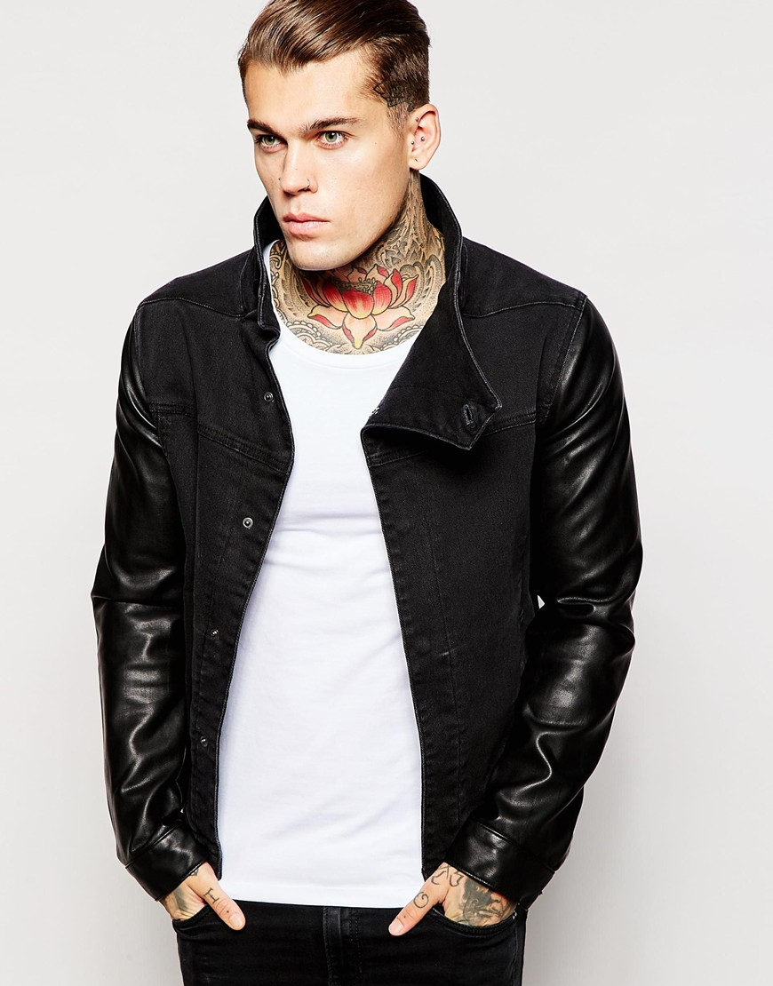 Lyst Asos Denim Jacket With Faux Leather Sleeves In Black For Men Gallery