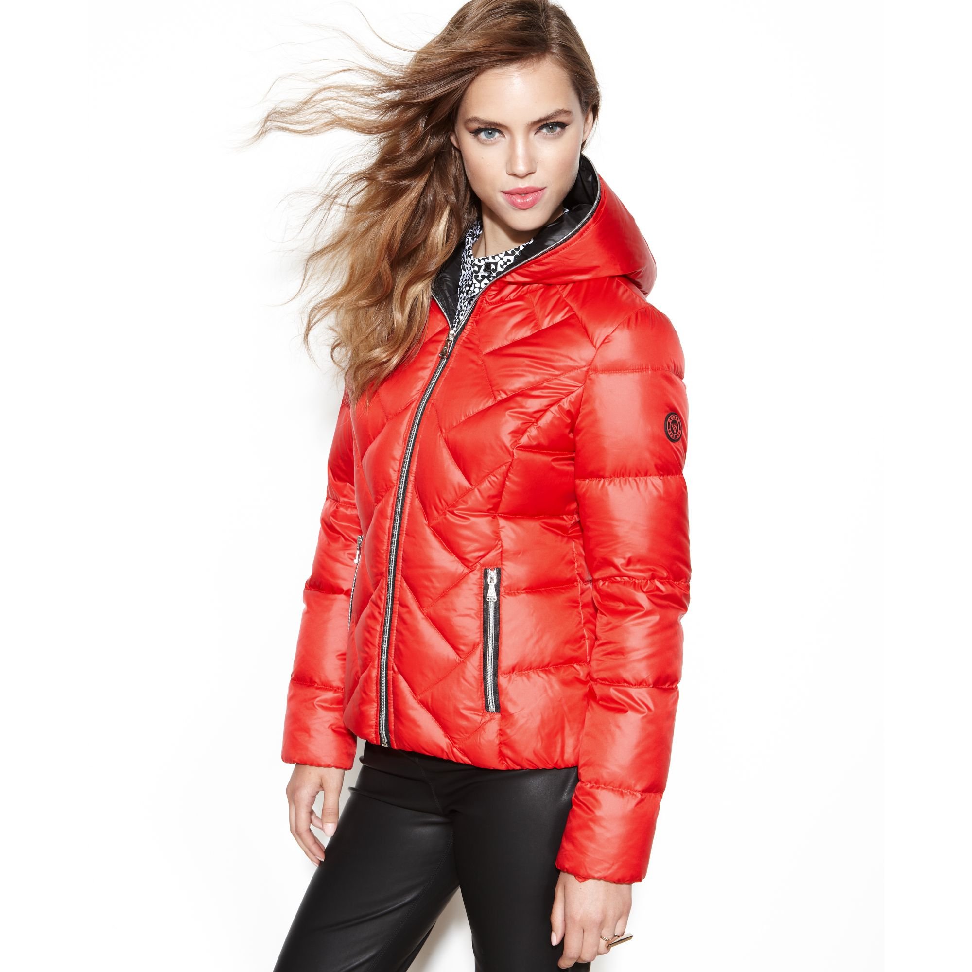 Guess Coat Hooded Quilted Puffer in Orange - Lyst