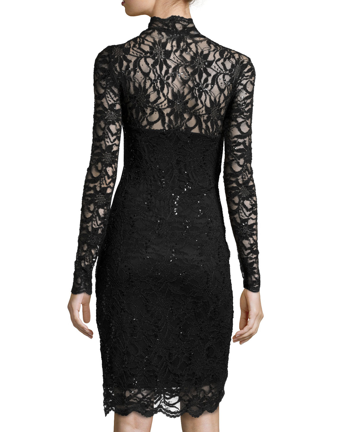 Marina Long-Sleeve V-Neck Lace Cocktail Dress in Black | Lyst