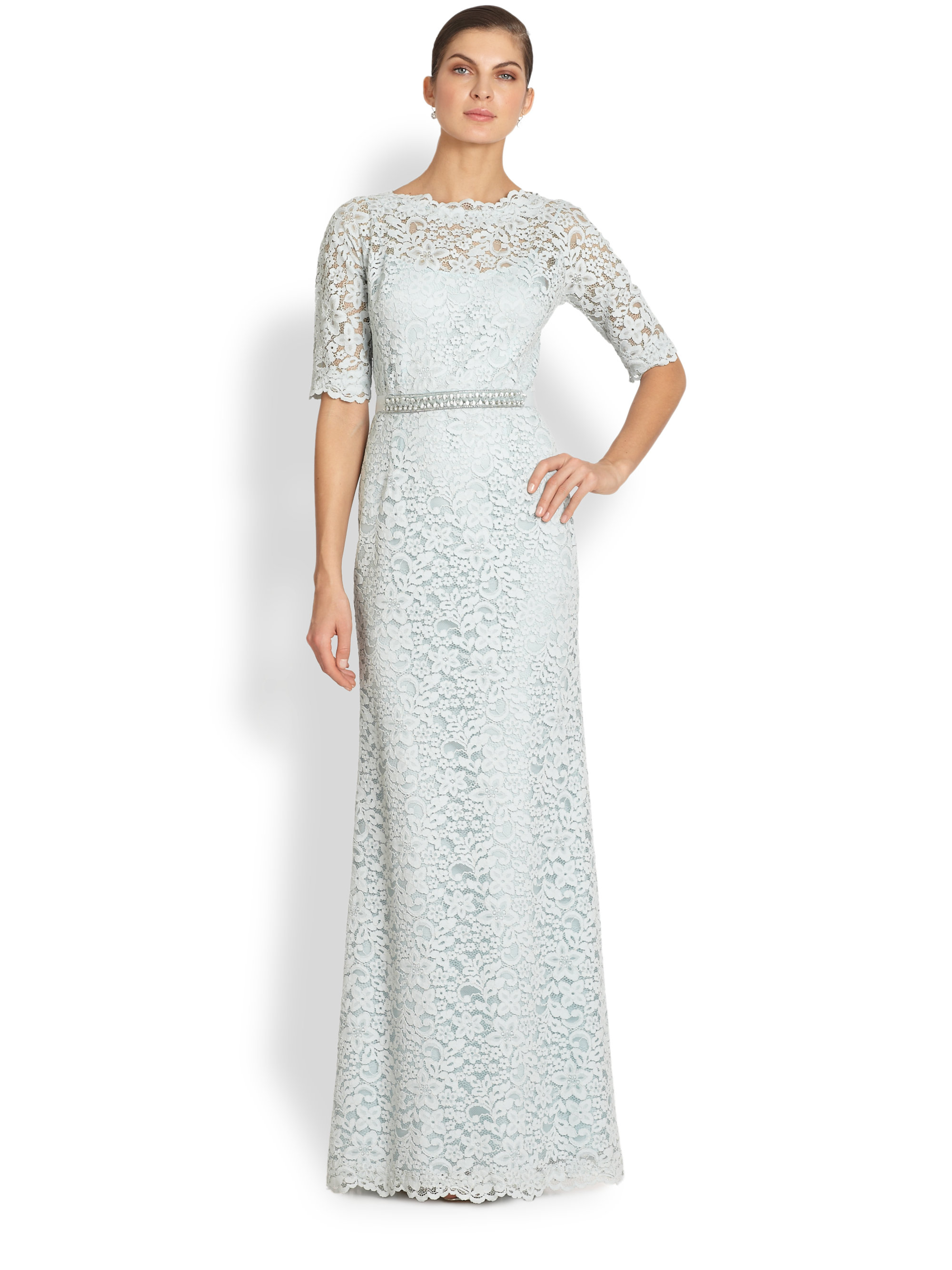 teri jon lace pintuck gown