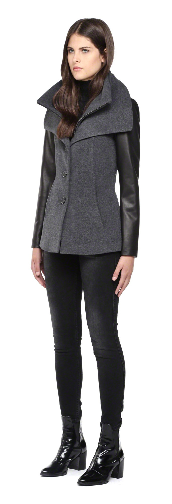 Soia & kyo VeroySp Grey Short Wool Jacket With Leather Sleeves in Gray