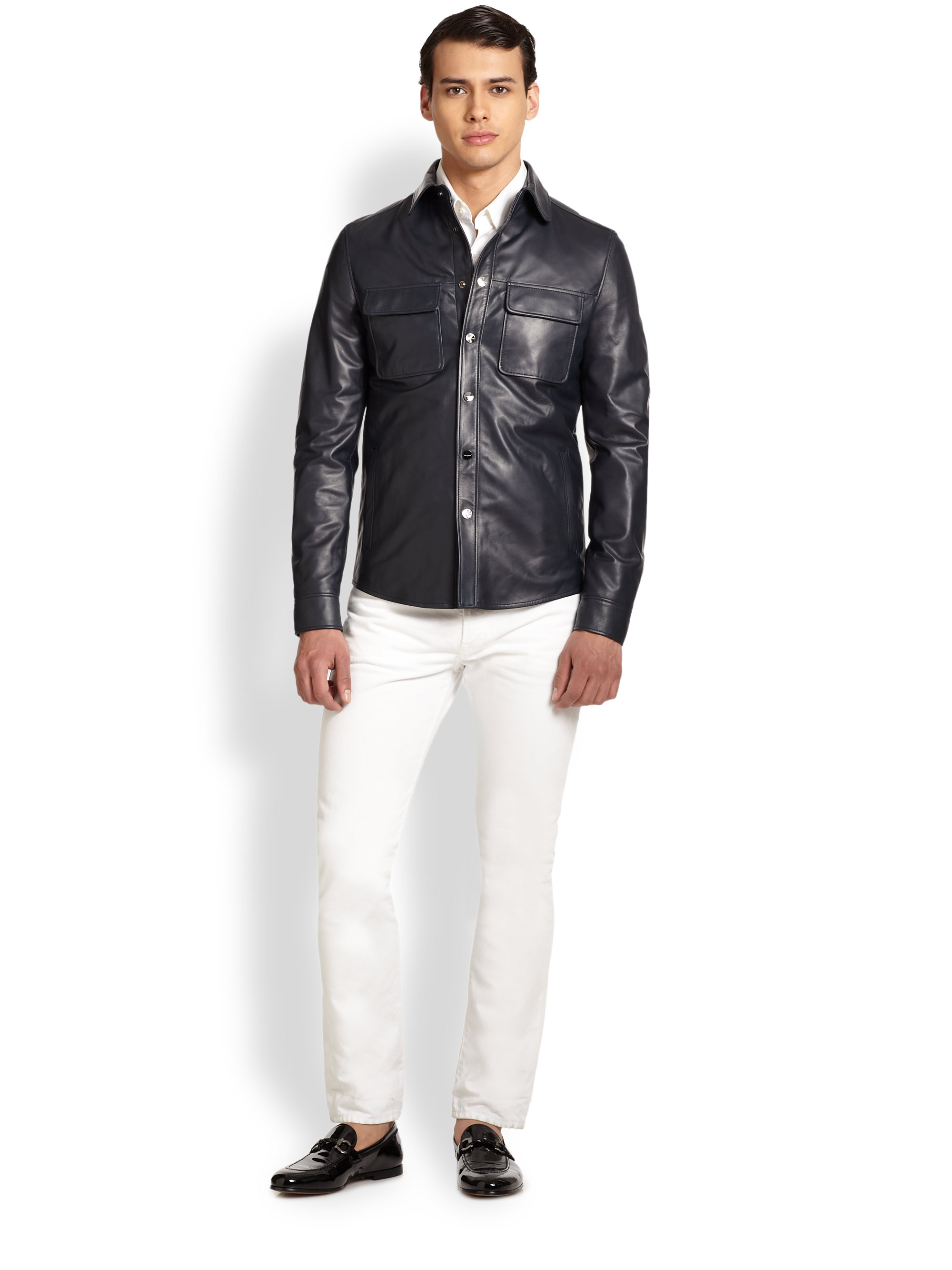Ferragamo Leather Shirt Jacket in Black for Men | Lyst
