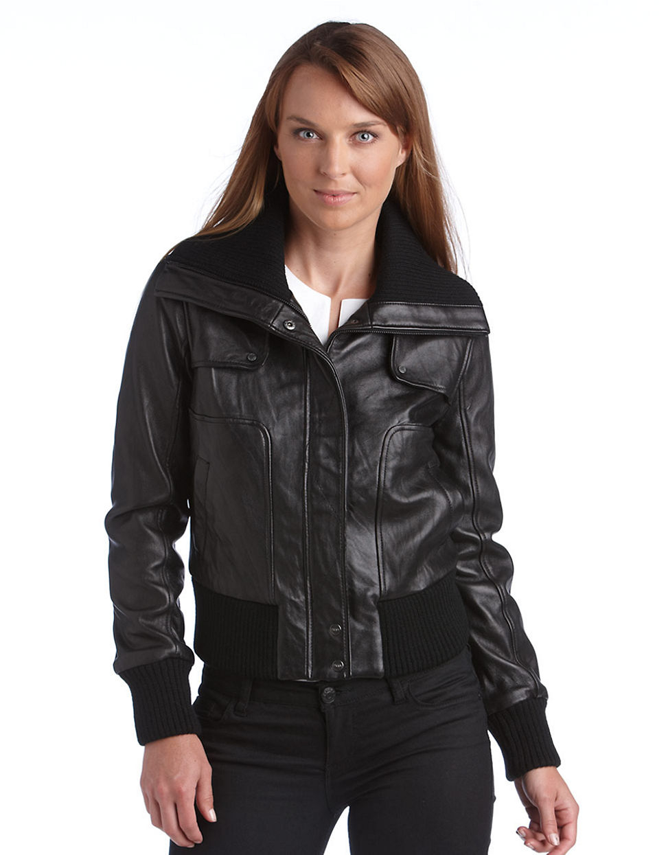 Lyst - Dkny Bomber Knit Collar Leather Jacket in Black (970 x 1245 Pixel)