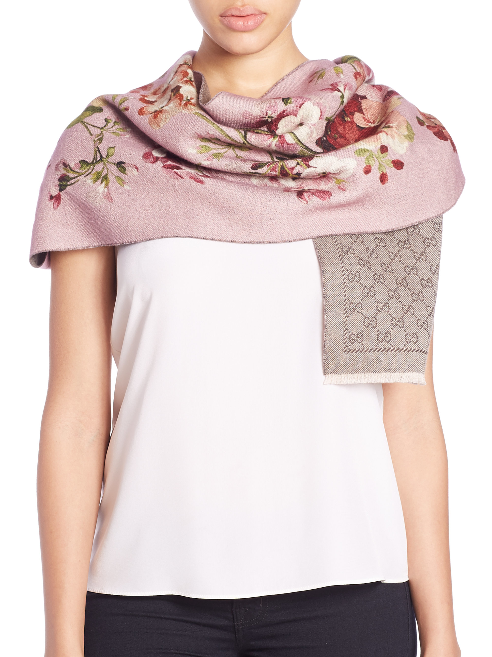 Lyst Gucci  Floral Wool Orophin Scarf in Pink