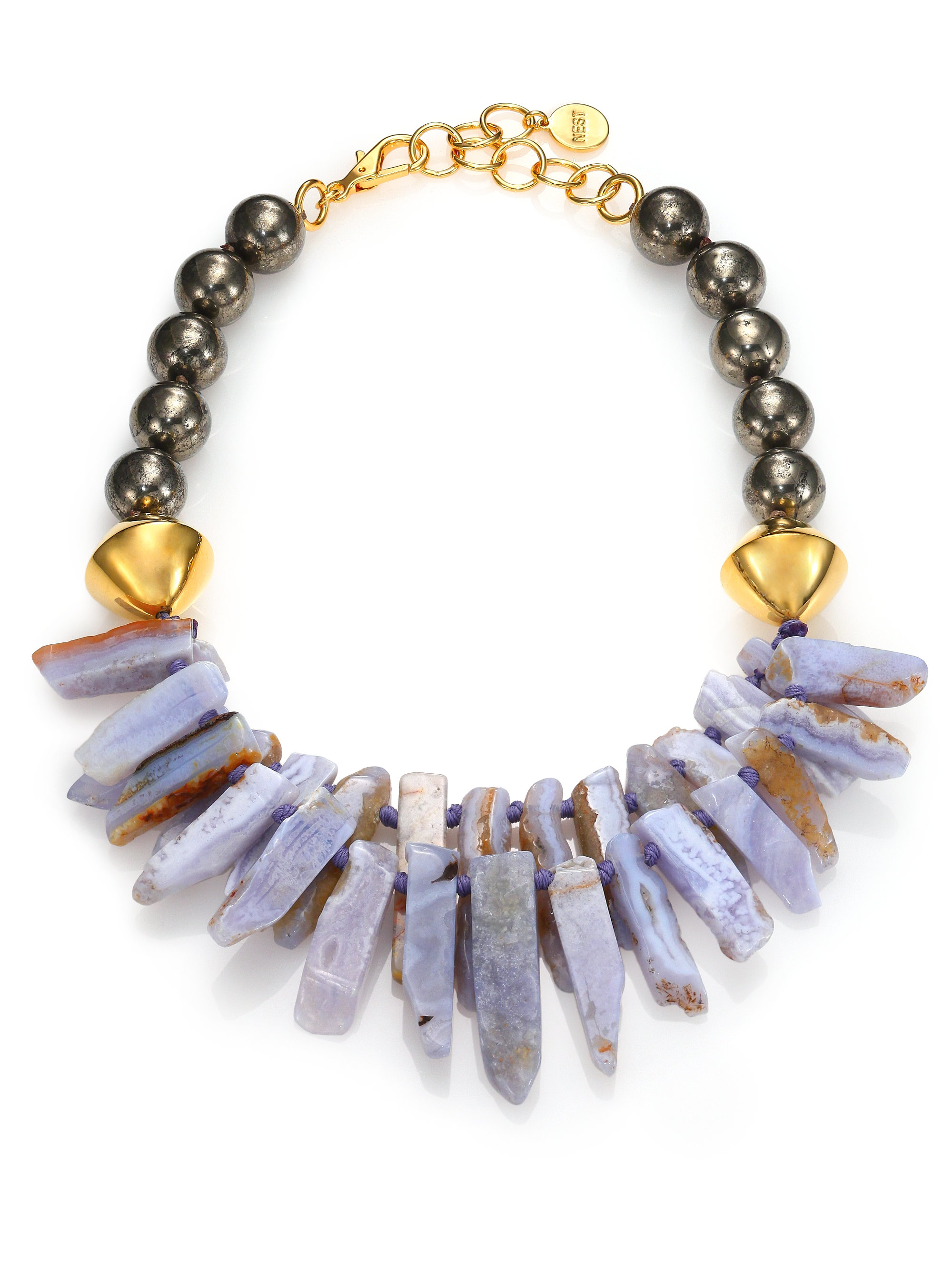 Nest Blue Lace Agate & Pyrite Beaded Spike Bib Necklace in