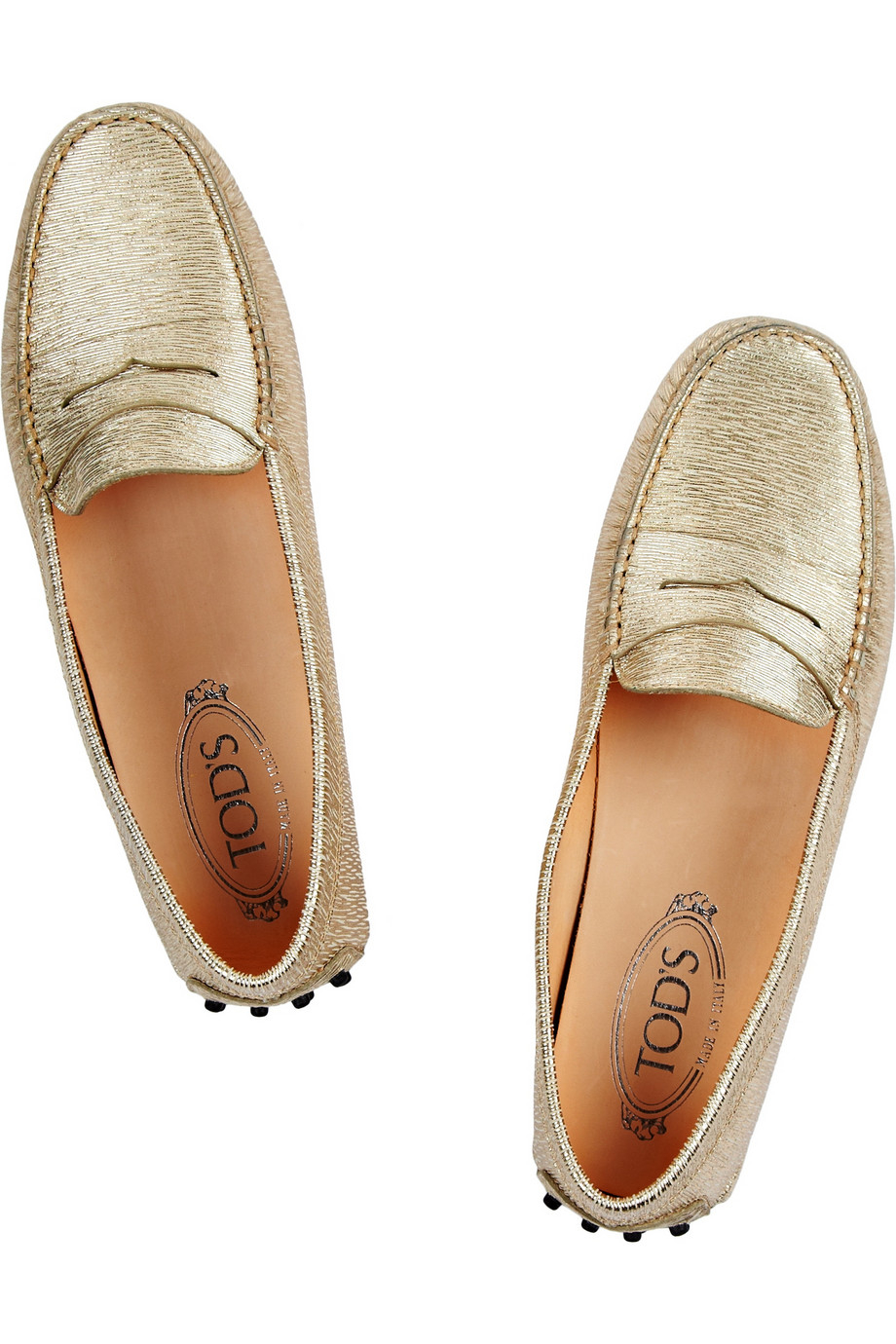 tods gold loafers