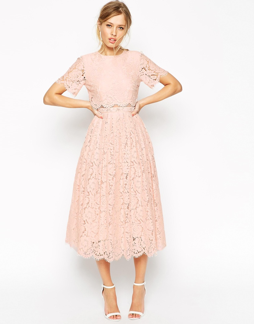  ASOS  Salon Lace Crop Top Midi Prom  Dress  Nude in Pink  Lyst