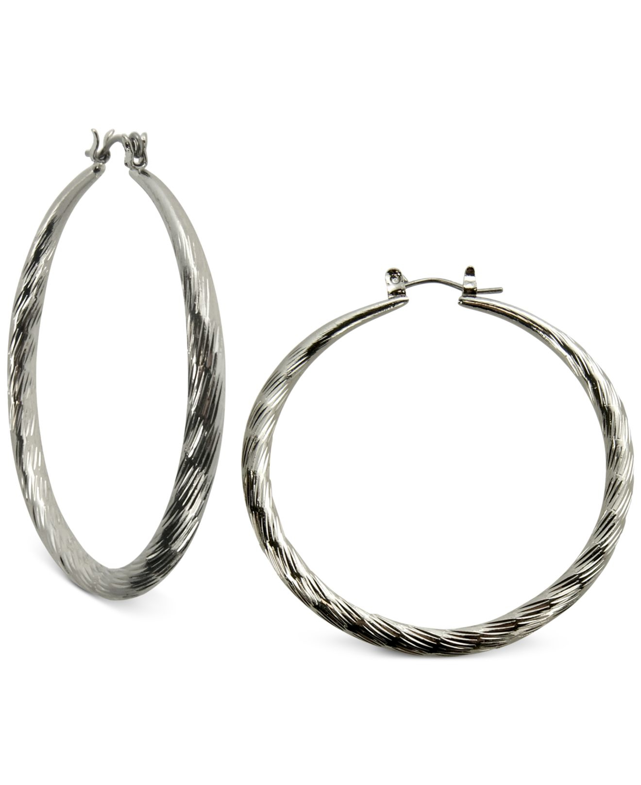 Guess Silvertone Textured Hoop Earrings in Metallic Lyst