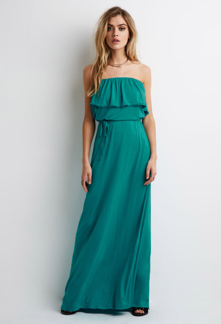 Lyst - Forever 21 Strapless Flounce Maxi Dress in Blue