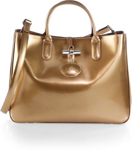 Longchamp Roseau Metallic Patent Leather Box Tote in Gold (PLATINUM) | Lyst