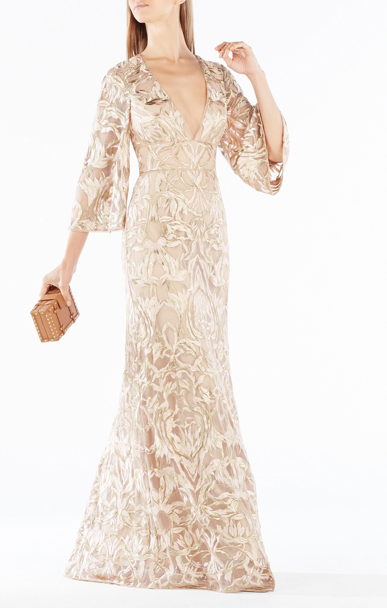Lyst Bcbgmaxazria Raylan Deep V Metallic Fl Embroidered Gown Gallery