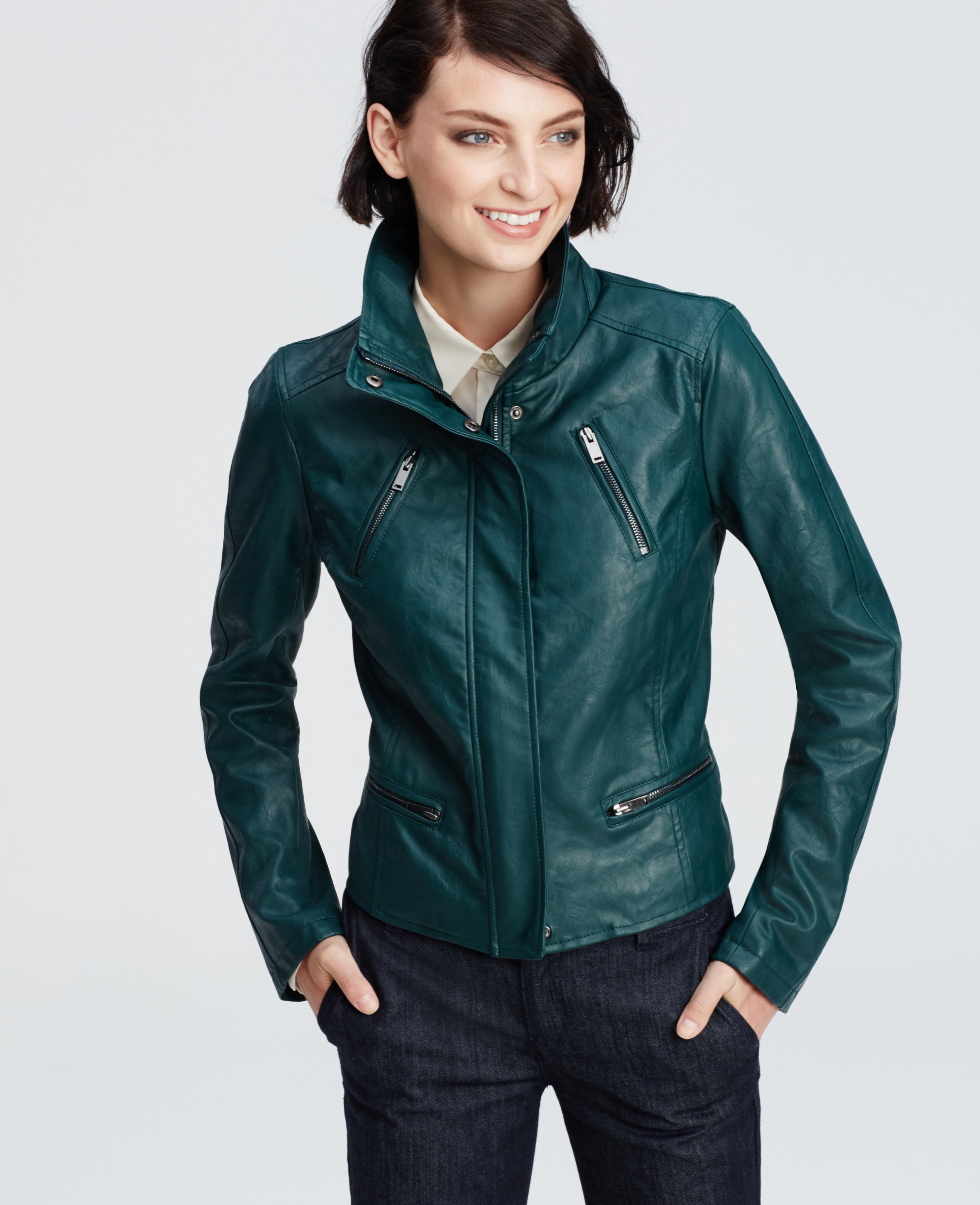 Ann Taylor Faux Leather Zip Jacket In Green Lyst Gallery