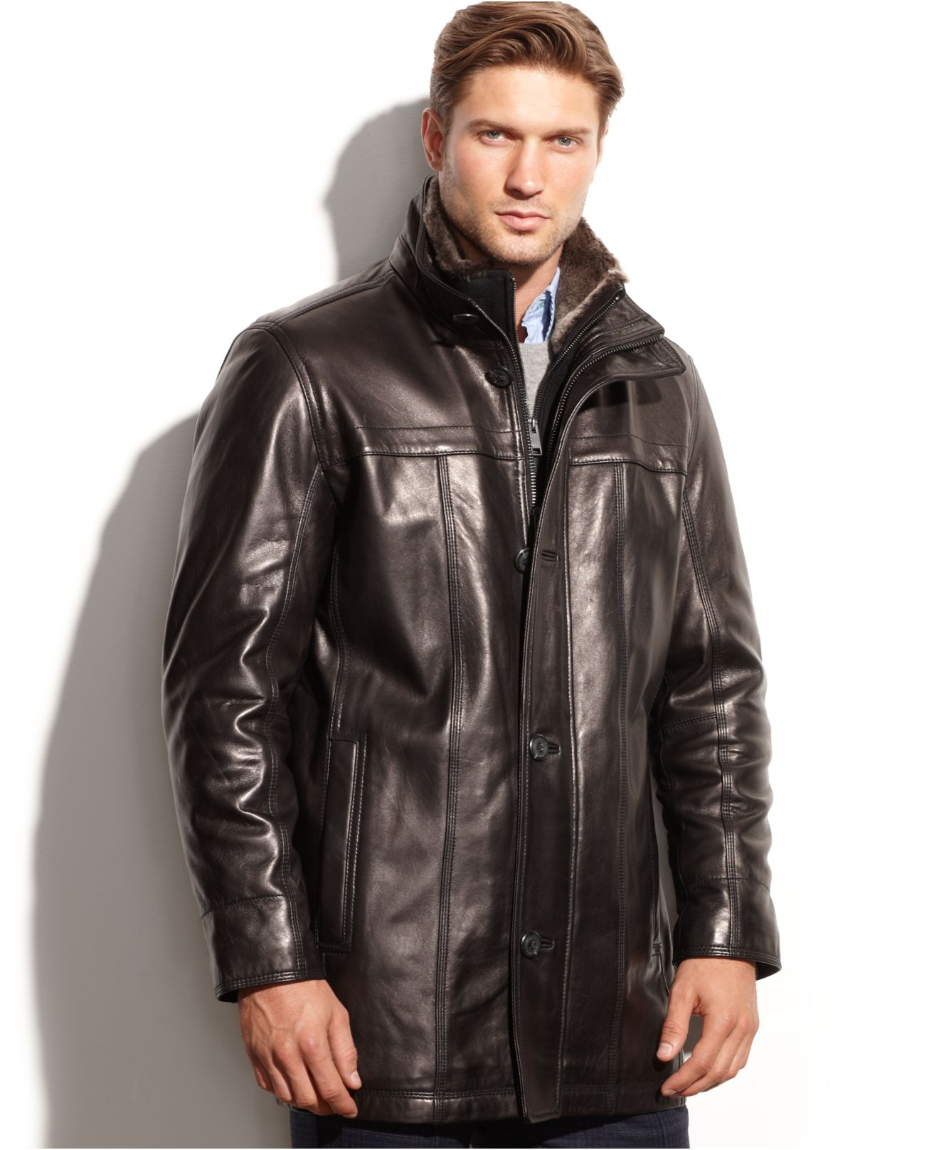 Lyst Marc New York Sullivan Leather Faux Fur Trim Car Coat In Gallery