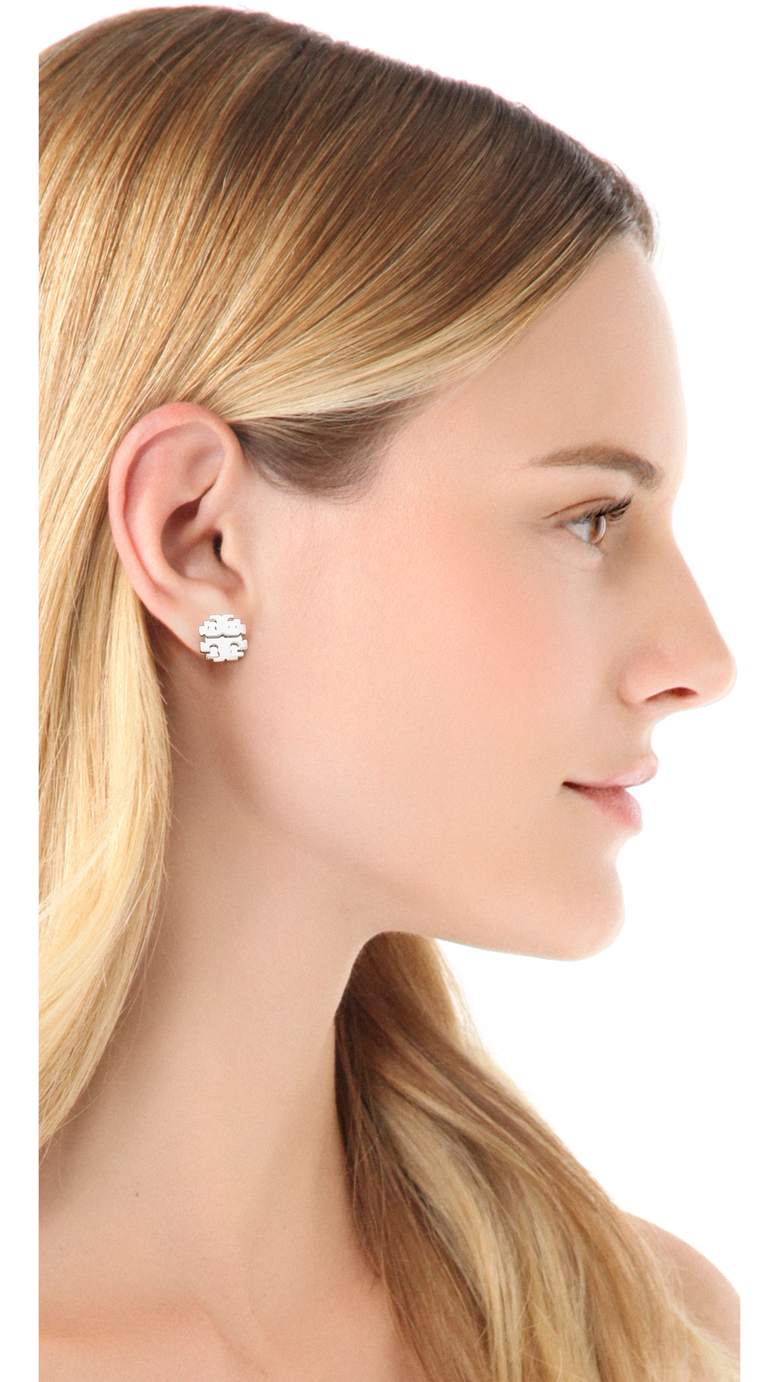 Lyst Tory Burch Large T Logo Stud Earrings Silver In Metallic Gallery