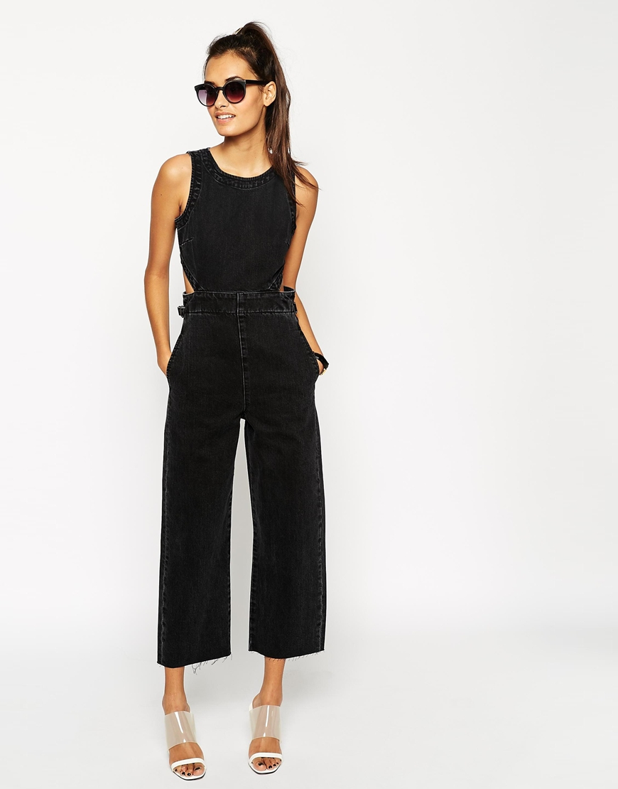 Asos Denim Wide Leg Cut Out Jumpsuit In Washed Black in Black | Lyst