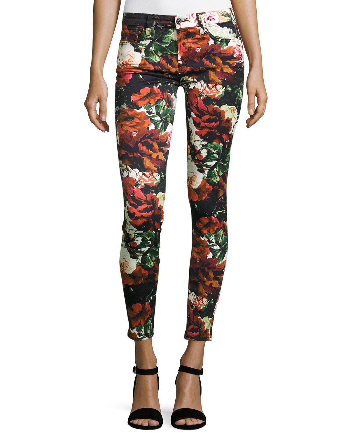 Lyst - 7 For All Mankind Floral-print Ankle Skinny Jeans in Black