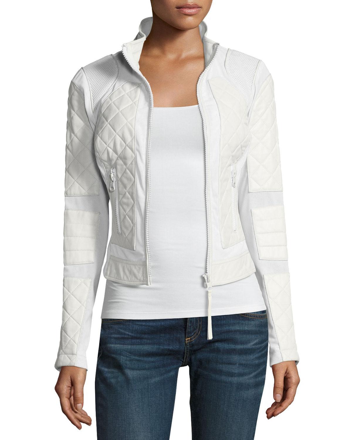 Lyst Blanc Noir Quilted Leather Mesh Moto Jacket In White Gallery