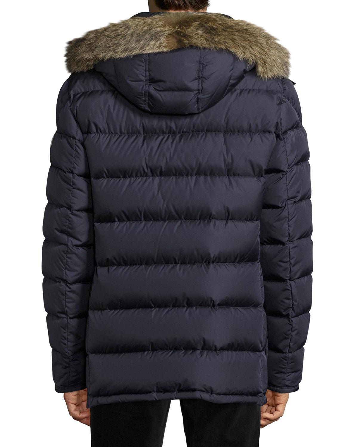 Lyst - Moncler Cluny Nylon Puffer Jacket With Fur Hood in Blue for Men