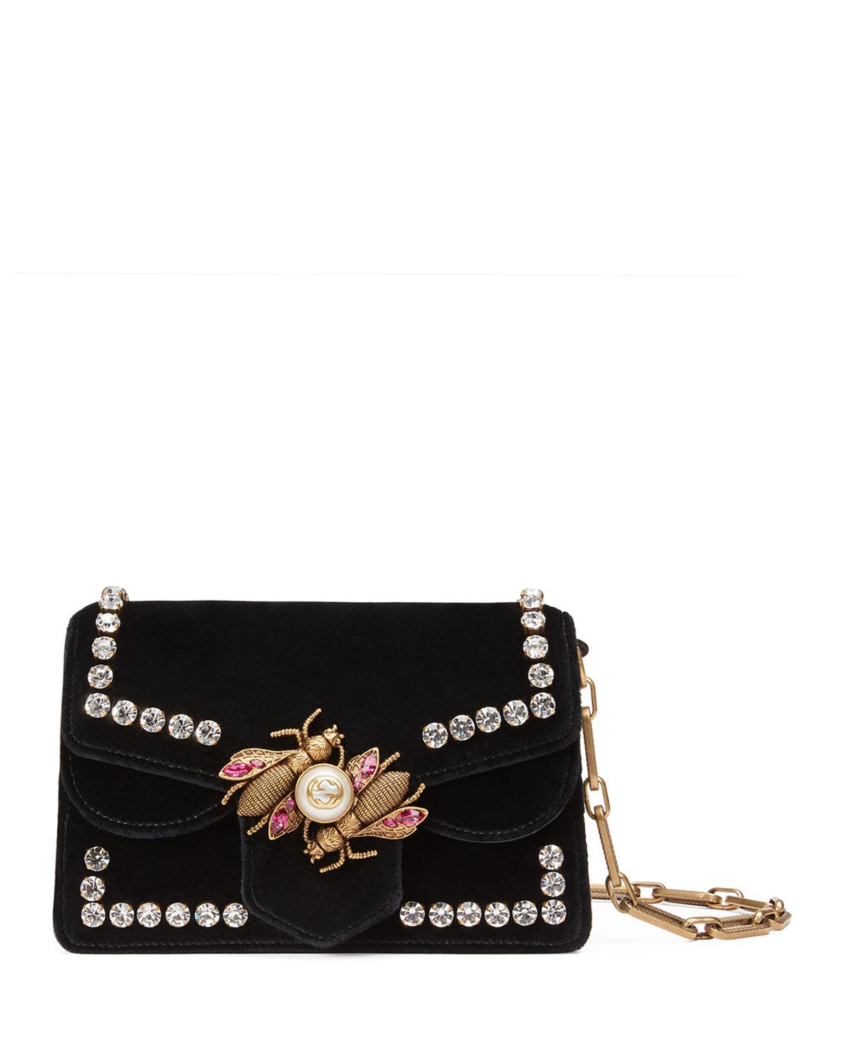 Lyst - Gucci Broadway Small Velvet Bee Shoulder Bag in Black