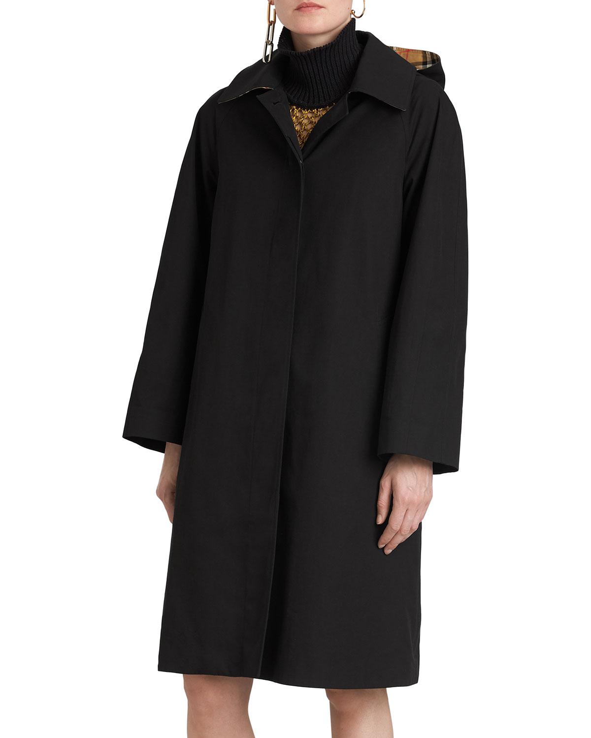 Burberry Cotton Hooded Swing Raincoat W/ Check Hood in Black - Lyst