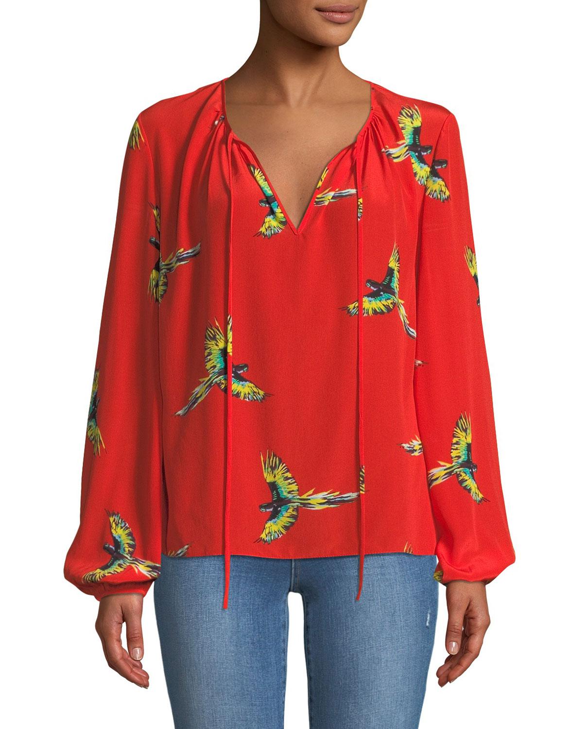 Lyst - Diane Von Furstenberg Silk Bird-print Long-sleeve Blouse in Red