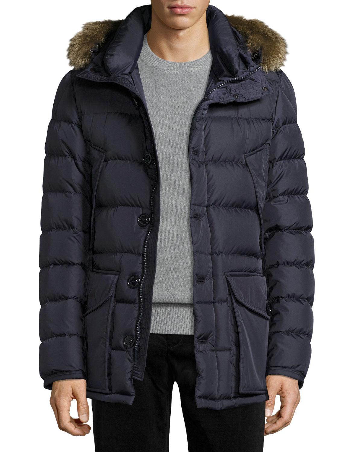 Lyst - Moncler Cluny Nylon Puffer Jacket With Fur Hood in Blue for Men