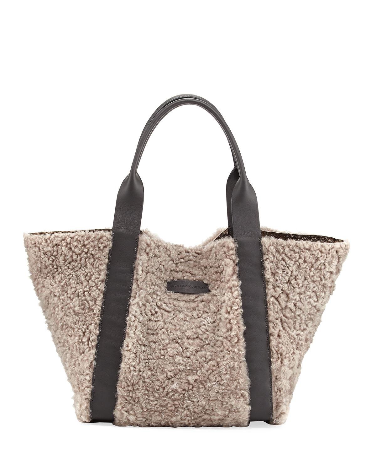 Lyst - Brunello Cucinelli Shearling-lined Metallic Leather Tote Bag in ...
