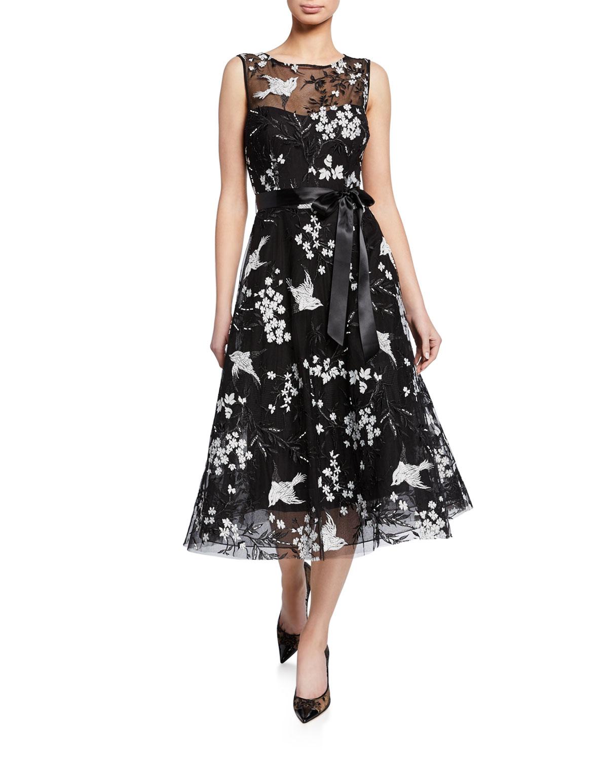 Teri Jon Bird Embroidered Sleeveless Midi Tulle Cocktail ...