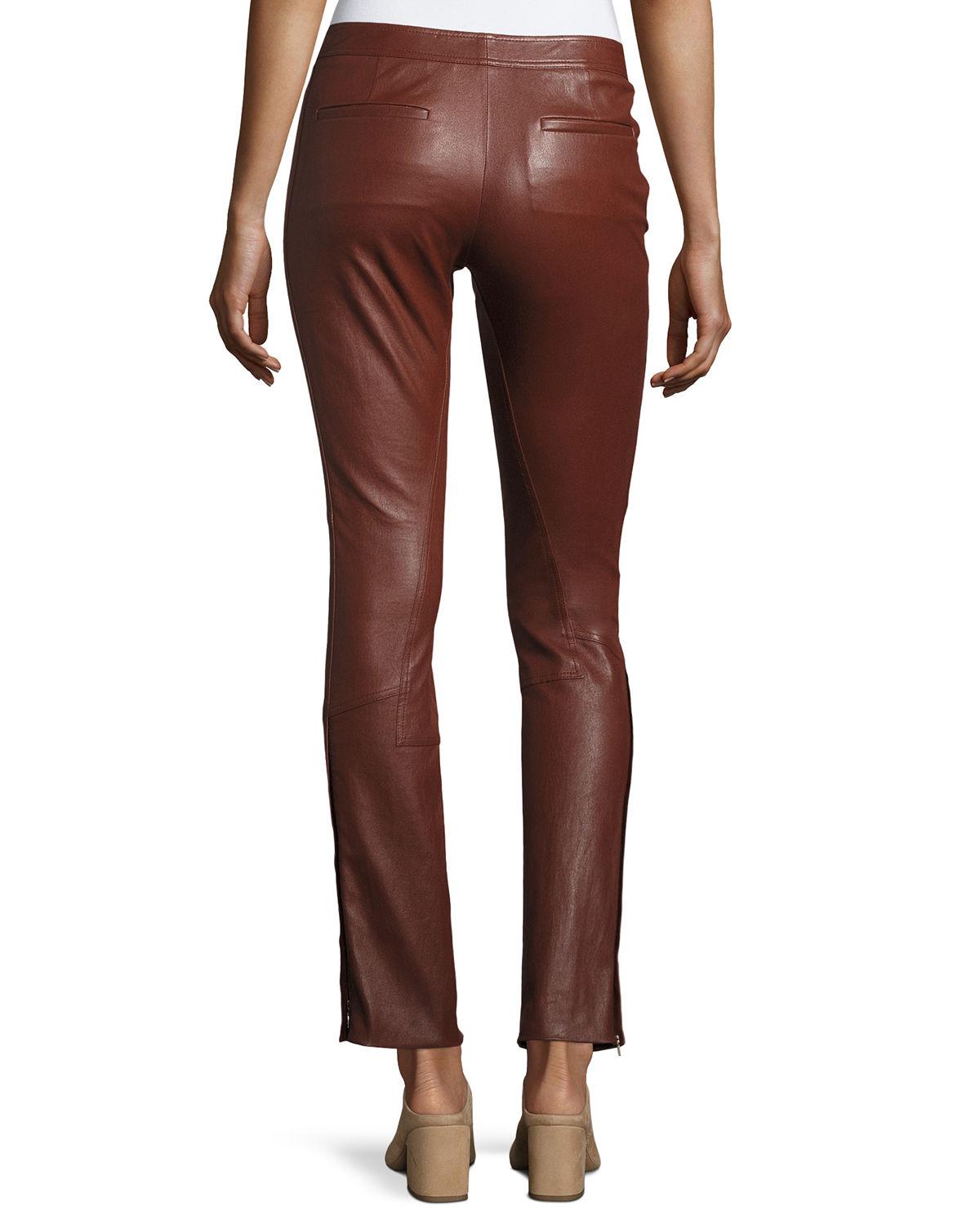 Theory Riding Fitted Straight-leg Lamb Leather Pants in Brown - Lyst