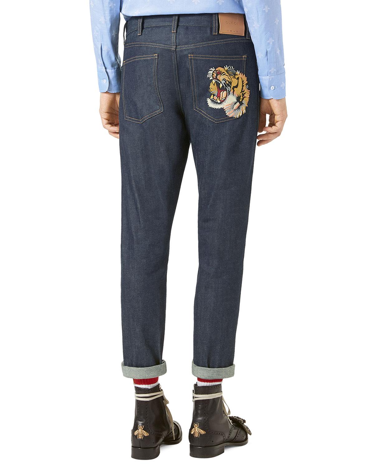 Lyst - Gucci Stretch-denim Slim Pants W/tiger in Blue for Men