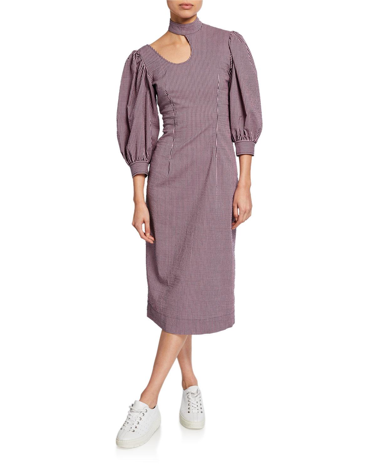 Ganni Stretch Seersucker Midi Dress in Purple - Lyst