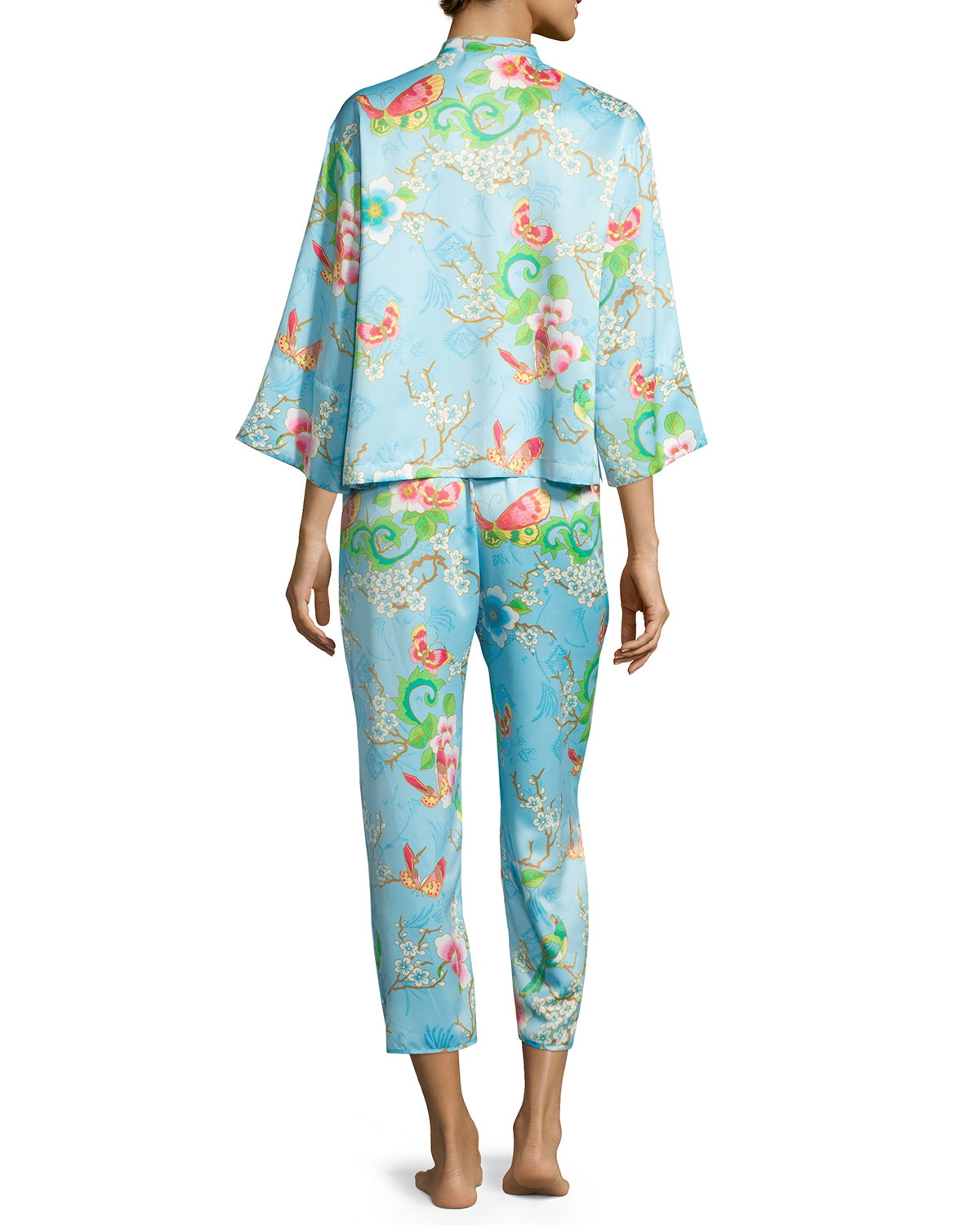 Natori Magnolia Mandarin Printed Satin Pajama Set in Blue | Lyst