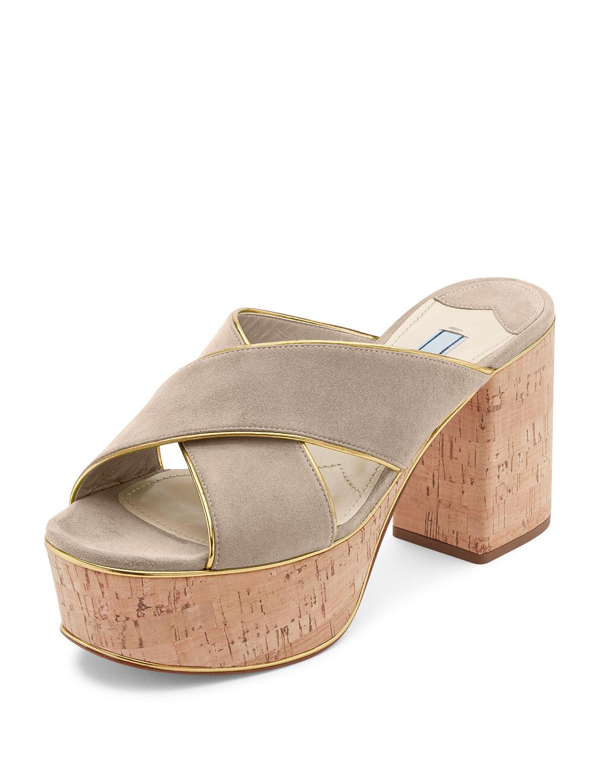 Lyst Prada Suede Platform Corkheel Mule Sandal in Green