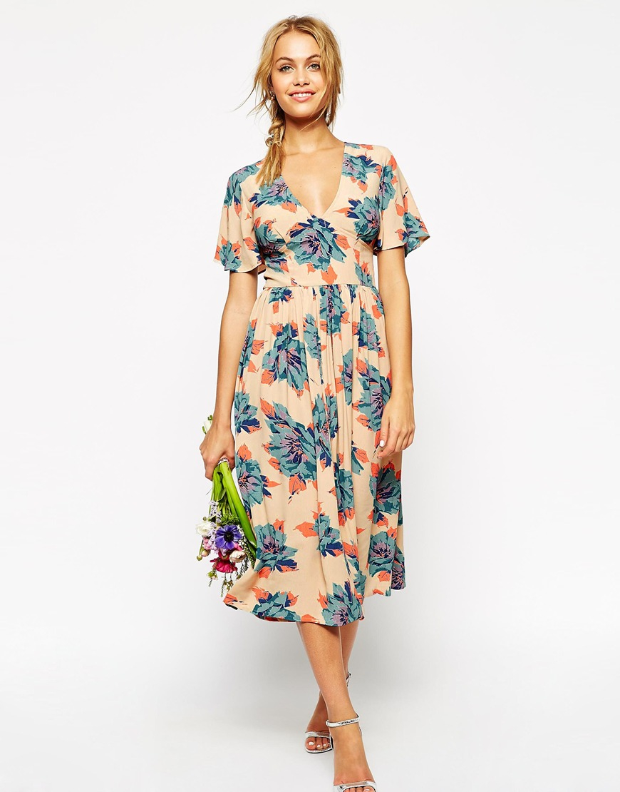 Lyst Asos Wedding Midi Tea Dress In Pretty Floral Print In Blue