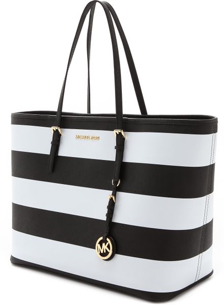 Michael Michael Kors Jet Set Travel Stripe Medium Tote in Black (Black ...