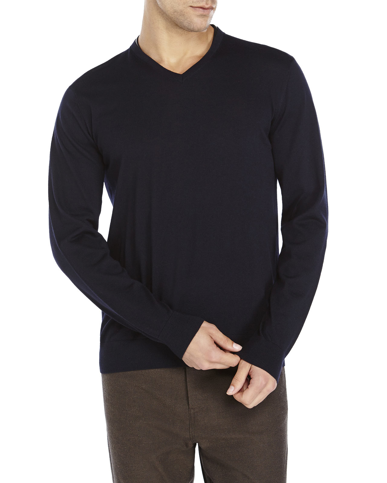Lyst - The Kooples Navy V-Neck Leather Trim Sweater in Blue for Men