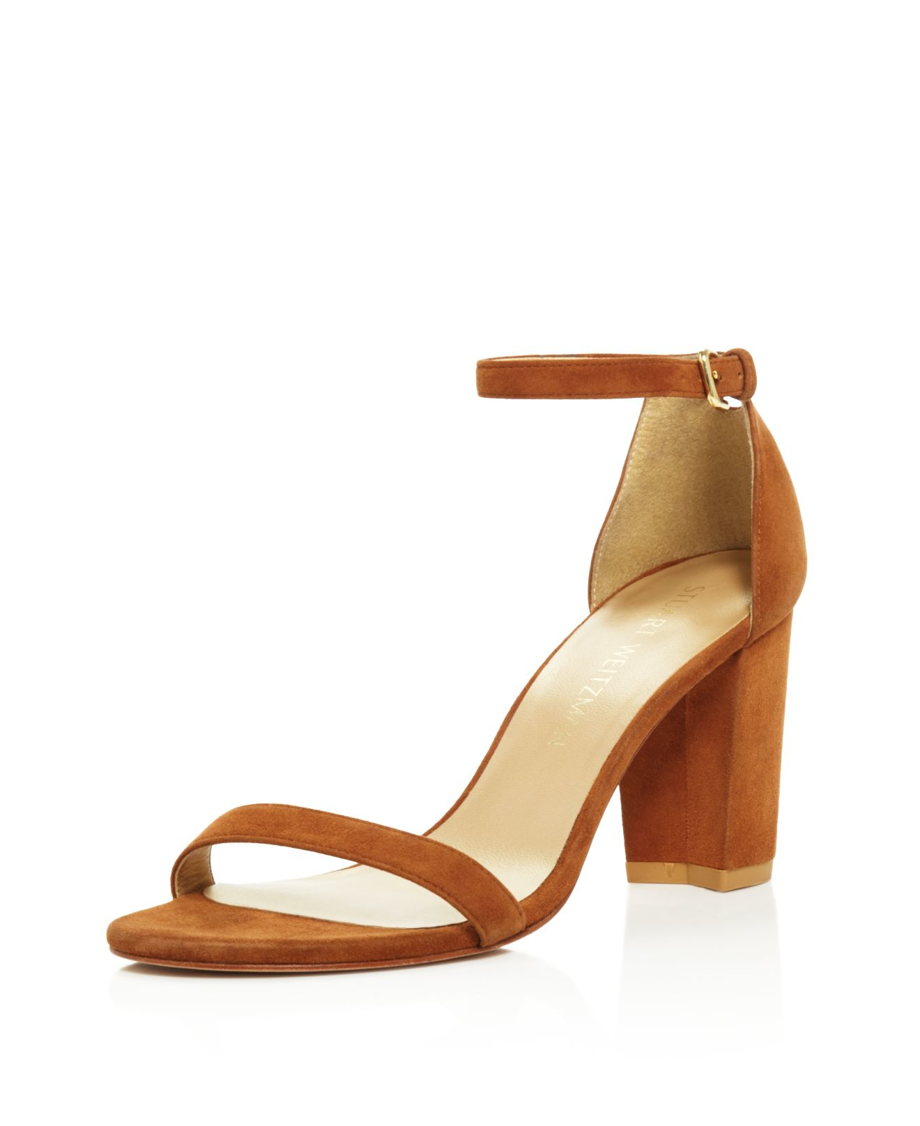 Stuart weitzman Nearlynude Ankle Strap Block Heel Sandals in Brown | Lyst