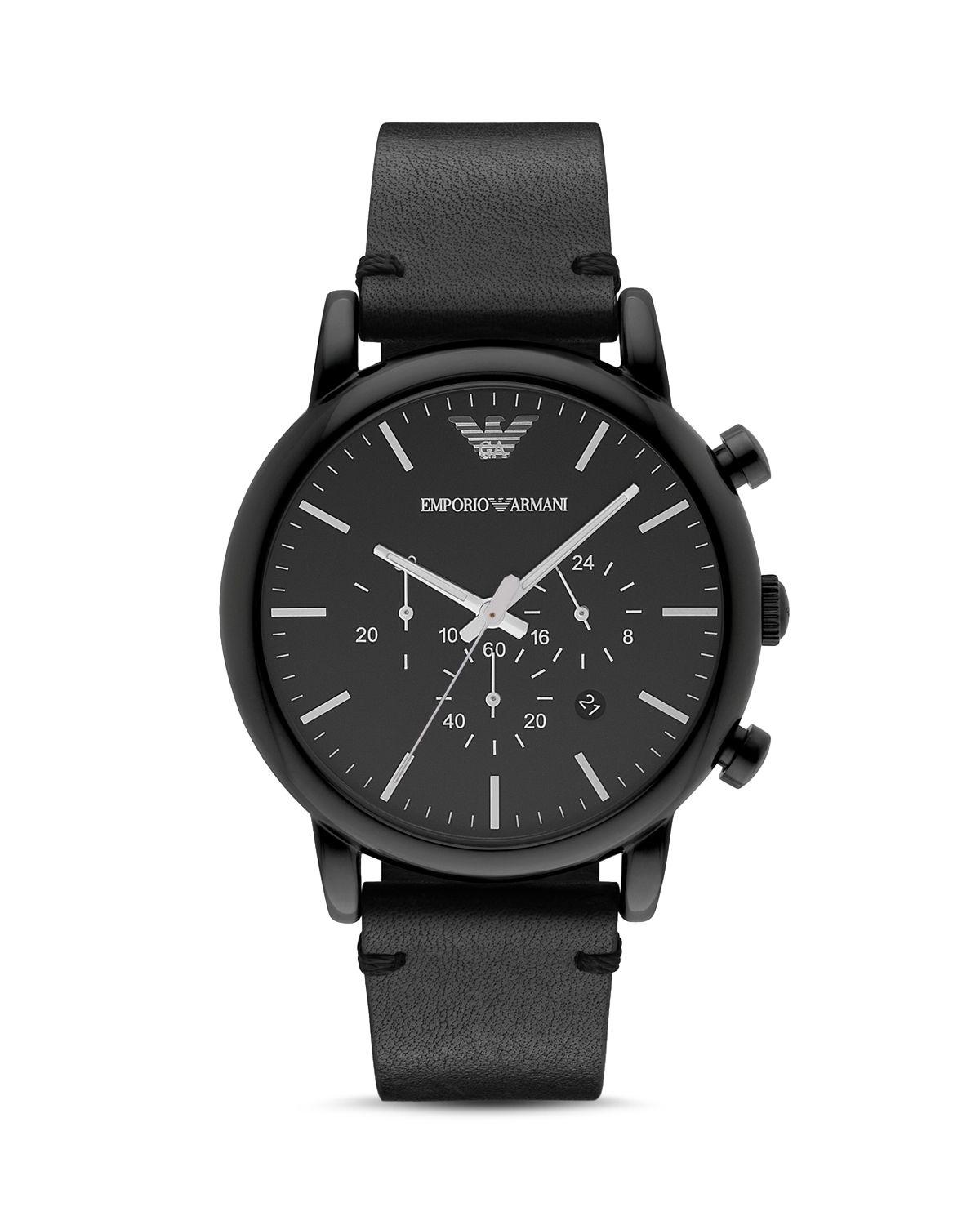 Emporio armani Leather Strap Watch, 46mm in Black for Men | Lyst