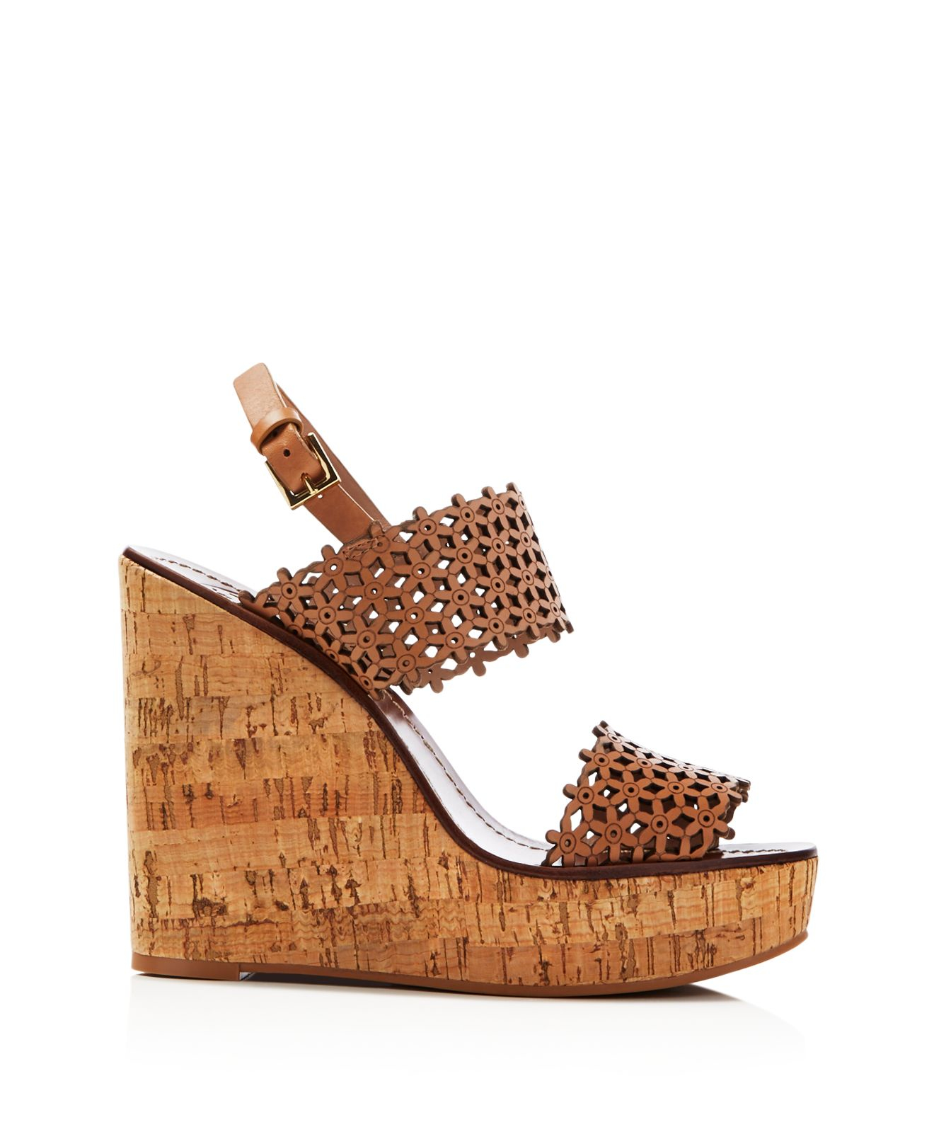 Tory Burch Floral Perforated Cork Wedge Sandals in Brown - Lyst