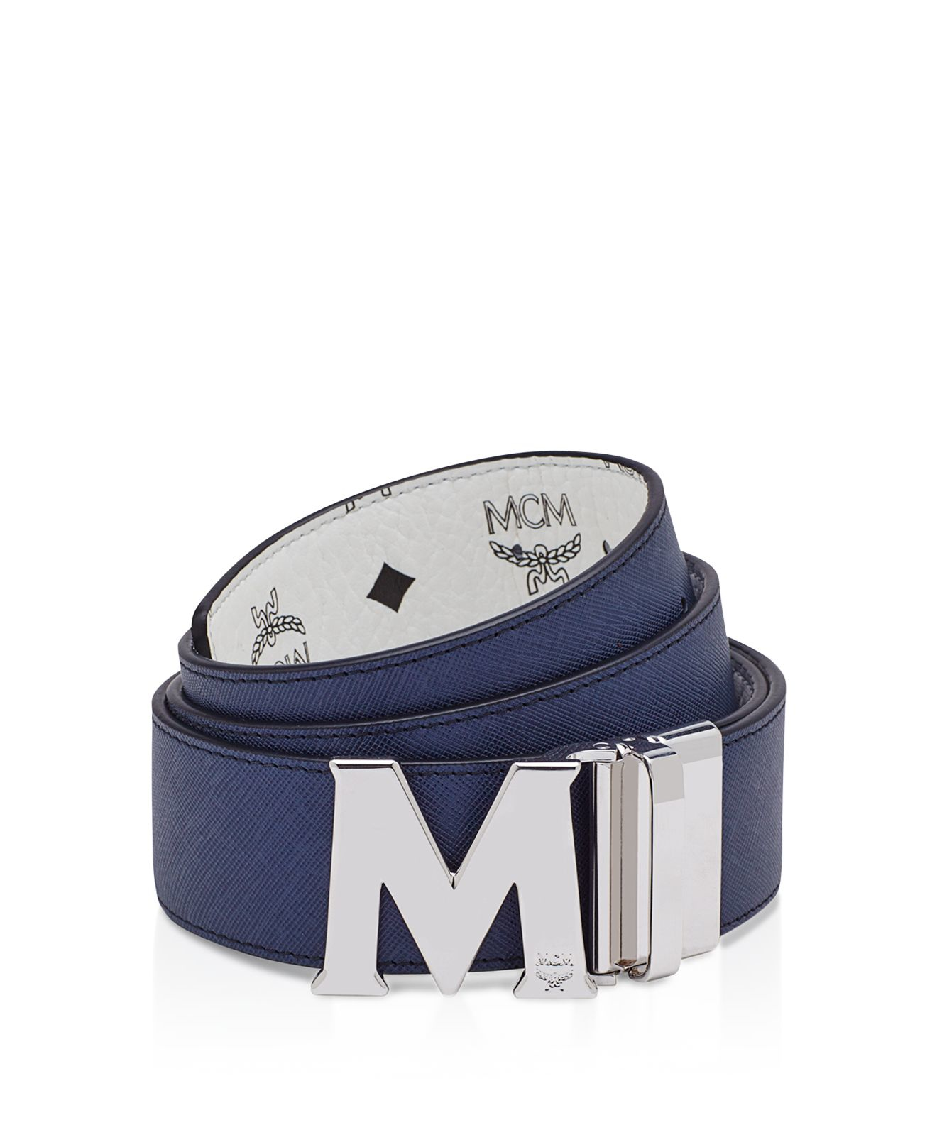 Mcm Visetos M-buckle Reversible Signature Belt in Blue for Men (White ...