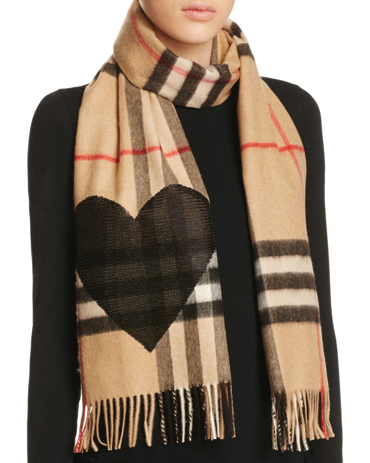 Burberry Giant Check Sequin Heart Cashmere Scarf in Black | Lyst