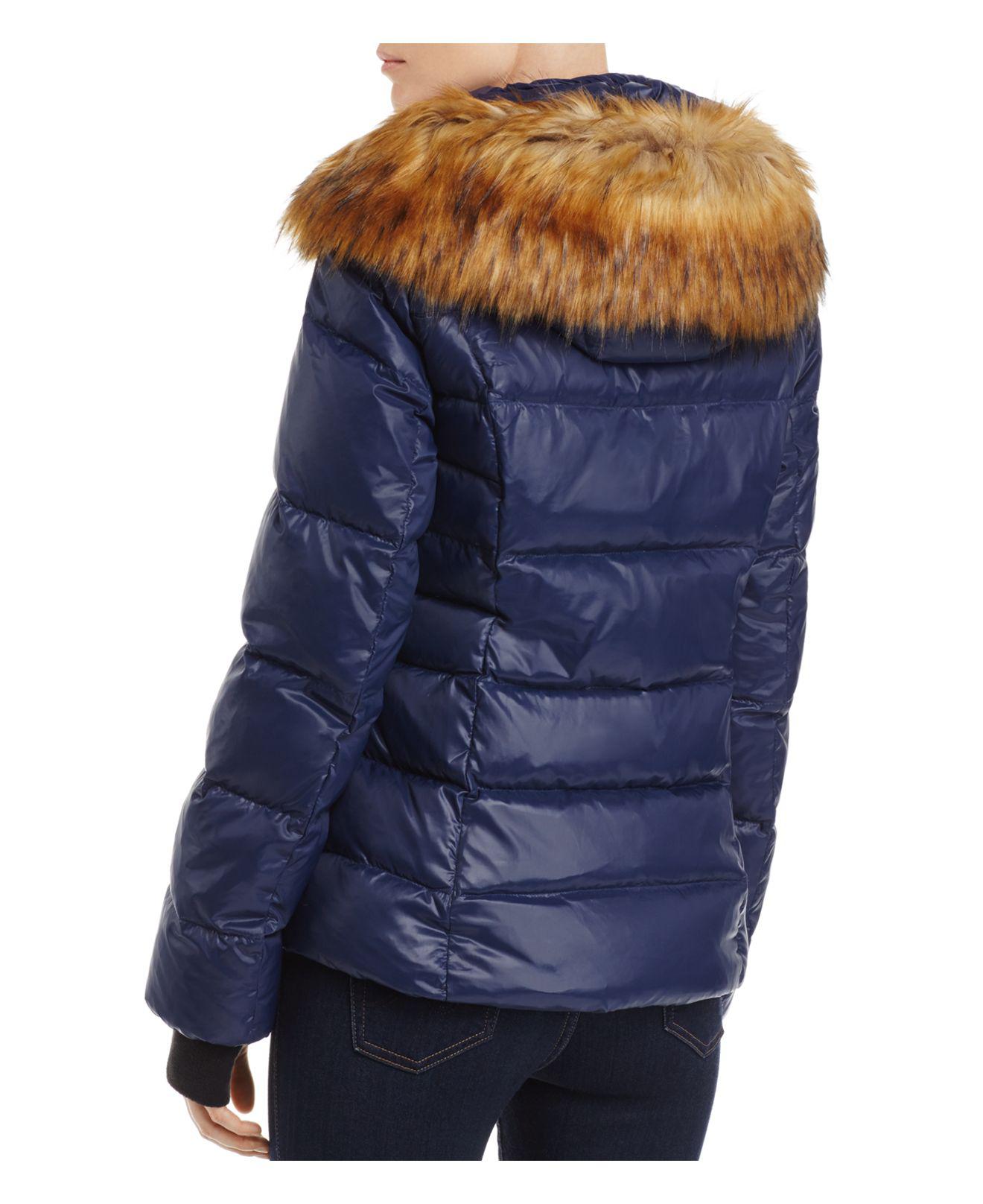 Lyst Aqua Faux Furtrim Hooded Puffer Jacket in Blue