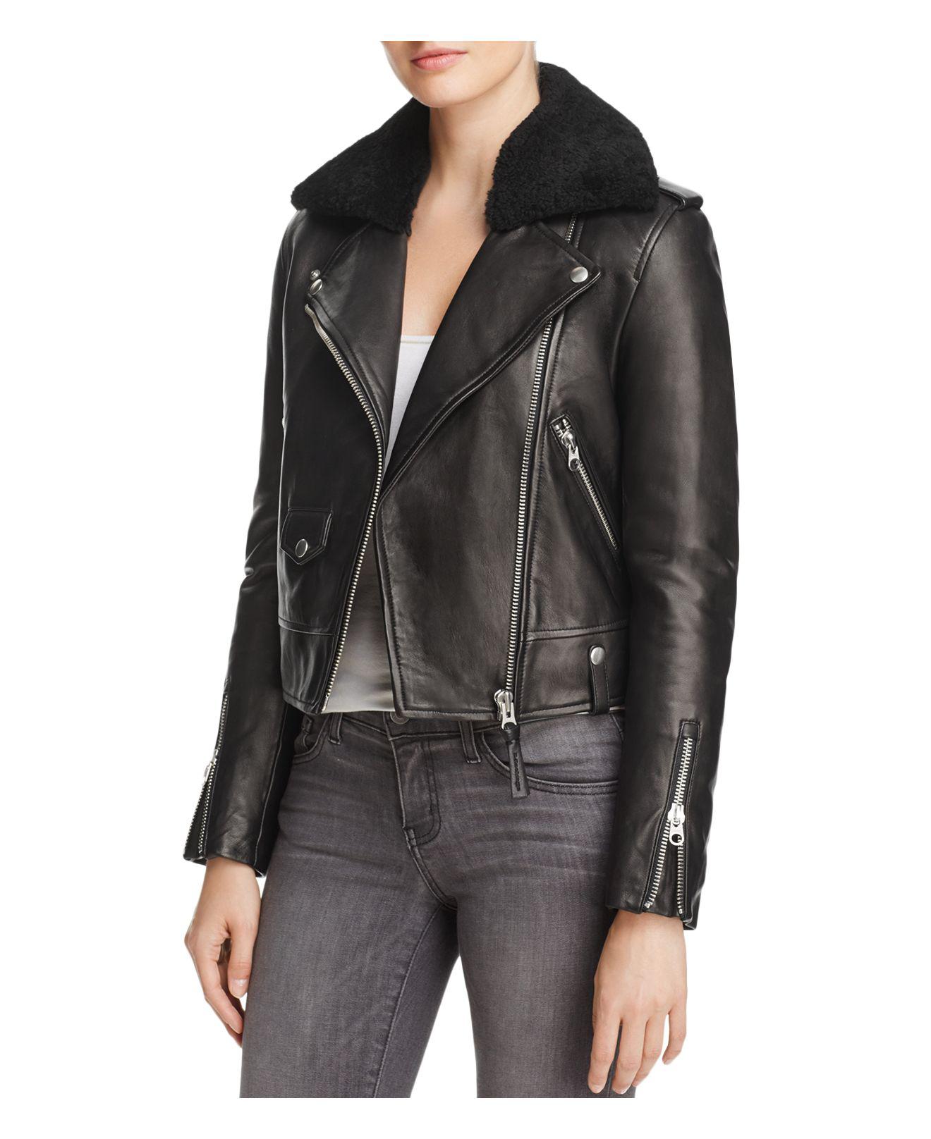 Lyst Mackage Baya Sheepskin Fur Trim Leather Down Moto Jacket In Gallery