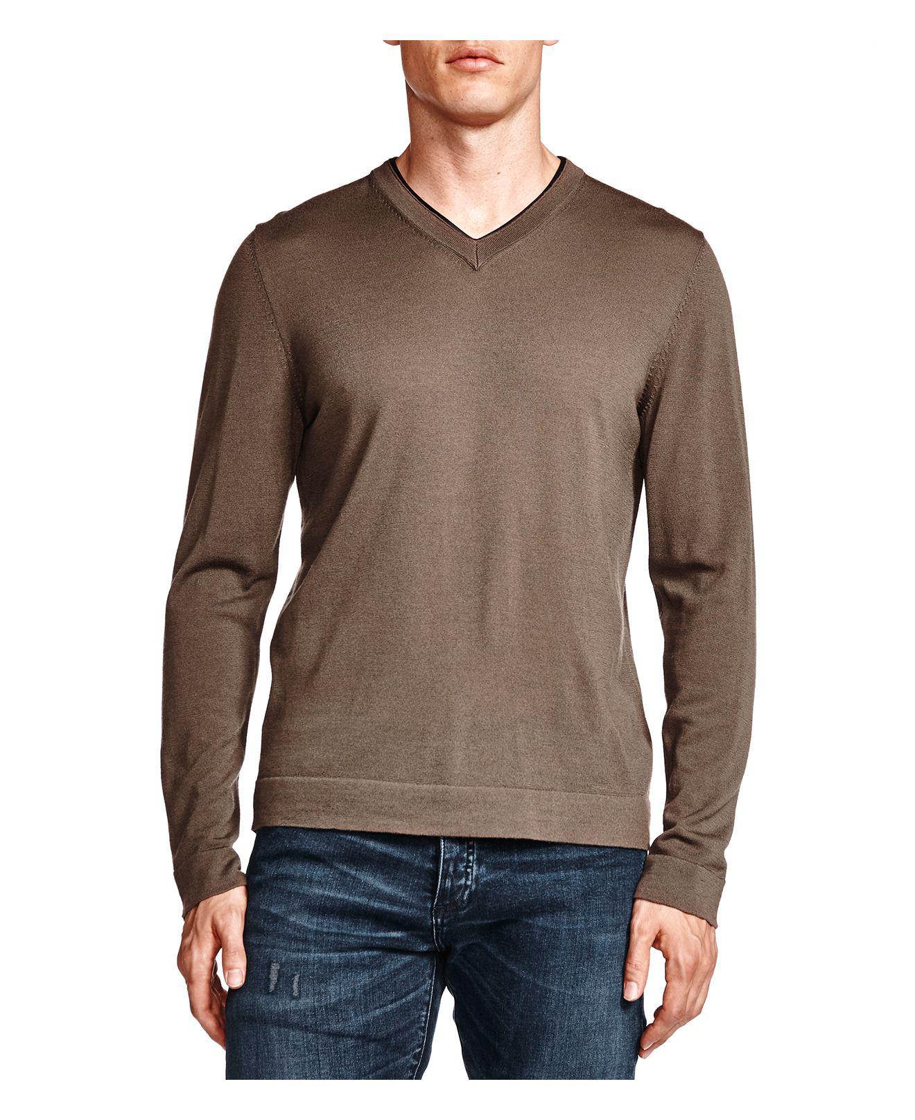 The Kooples Leather Trim Merino Wool V-neck Sweater in Brown for Men - Lyst