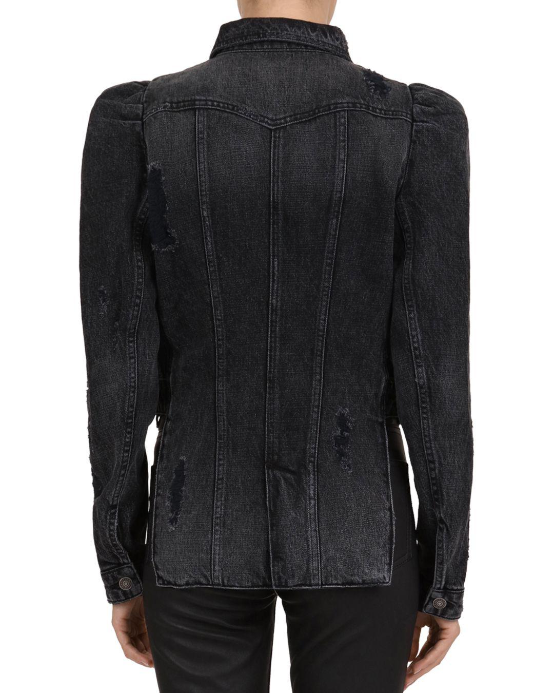 Lyst The Kooples Puffsleeve Distressed Denim Jacket in Black